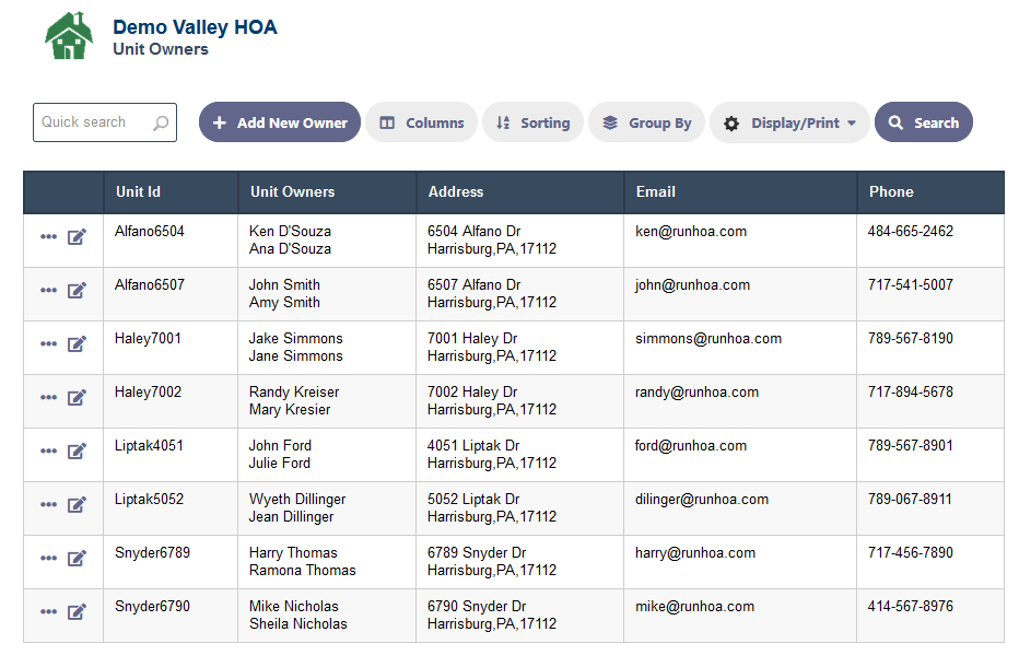 HOA Directory of Units, Owners, Committees etc RunHOA
