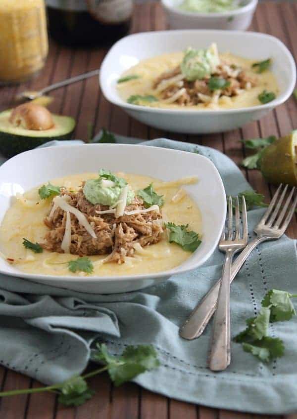 Slow Cooker Balsamic Pulled Pork with Polenta and Avocado Crema