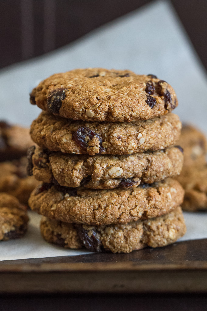 Soft & Chewy Flourless Oatmeal Raisin Cookies running with spoons