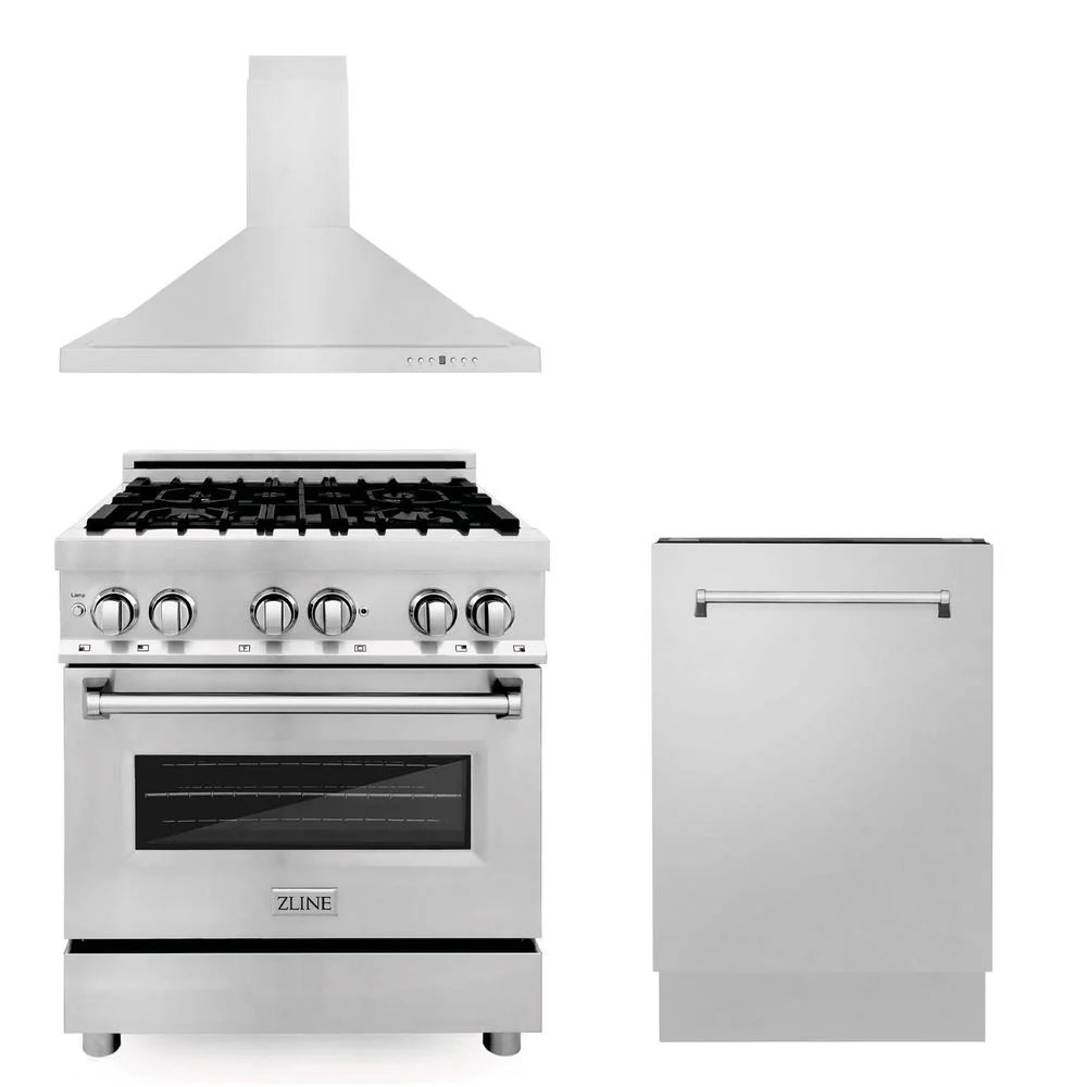 ZLINE 30" Kitchen Package Dual Fuel Range, Range Hood, Dishwasher