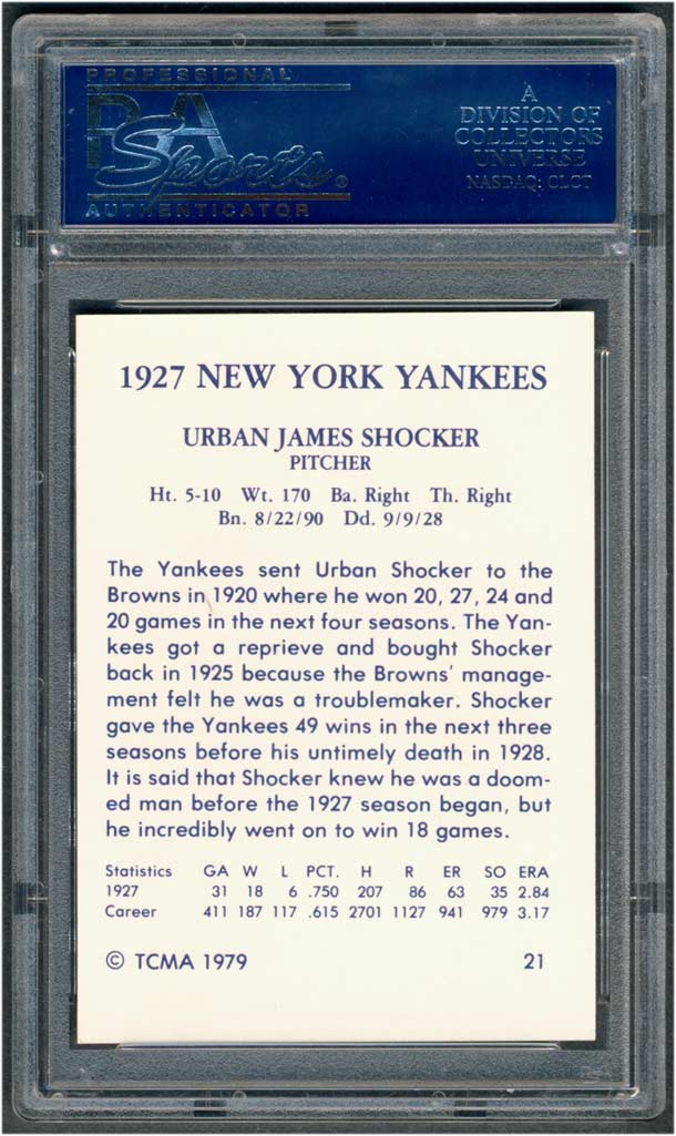 1979 TCMA 1927 New York Yankees Urban Shocker 21 PSA 10 GEM MT