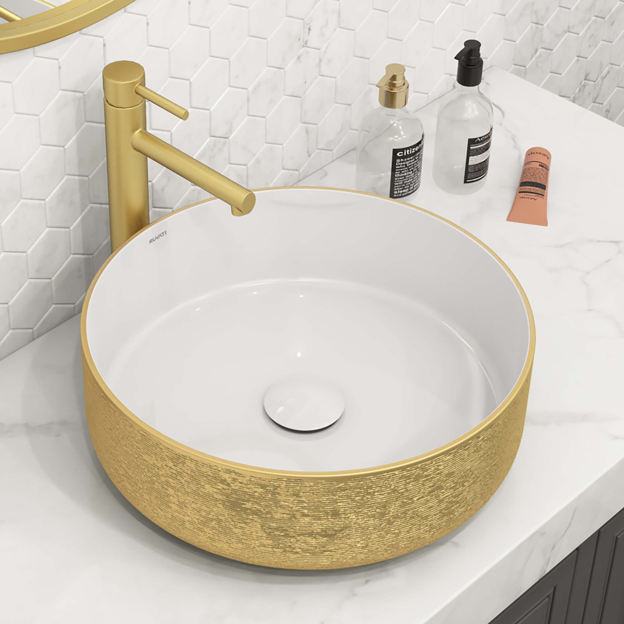 Ruvati 14 inch Bathroom Vessel Sink Round Gold Decorative Art Above
