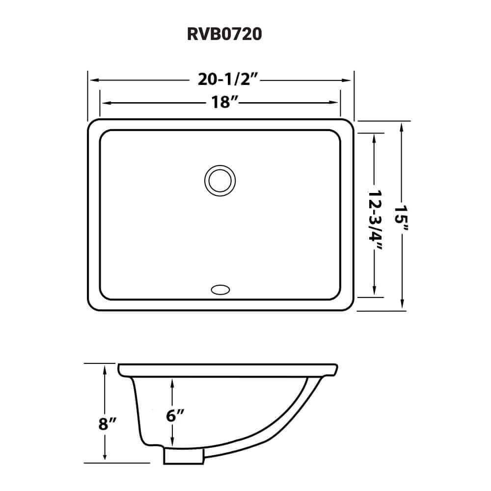 20 x 15 inch Undermount Bathroom Sink White Rectangular Porcelain