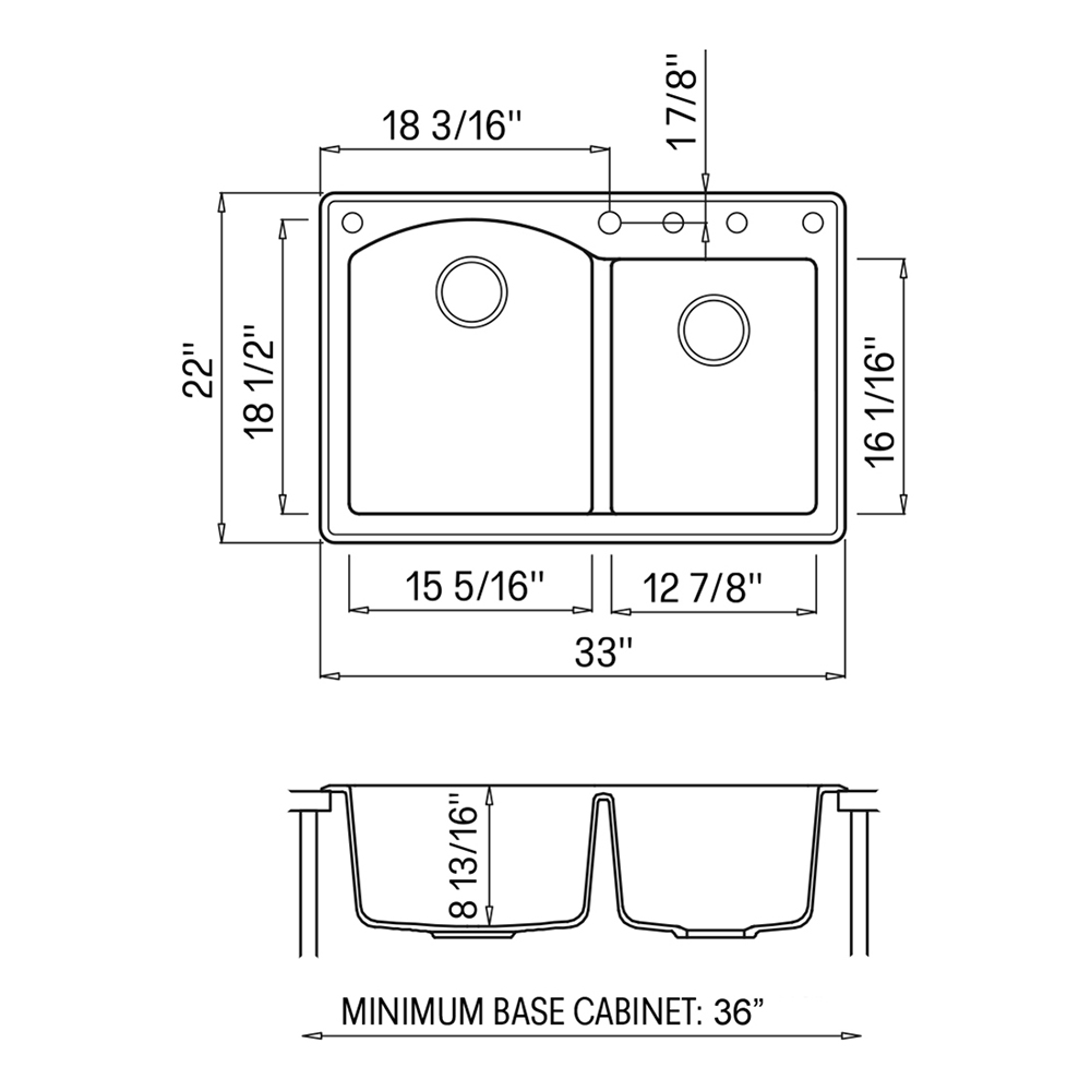 Standard Kitchen Sink Cutout Size 33 x 22 inch epiGranite DualMount Granite Composite Double Bowl