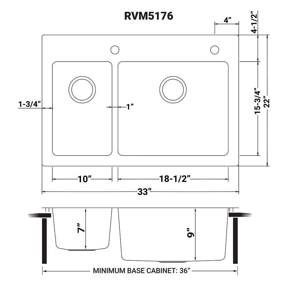 Standard Kitchen Sink Cutout Size 33 x 22 inch Dropin Topmount Kitchen Sink 16 Gauge Stainless Steel 30/