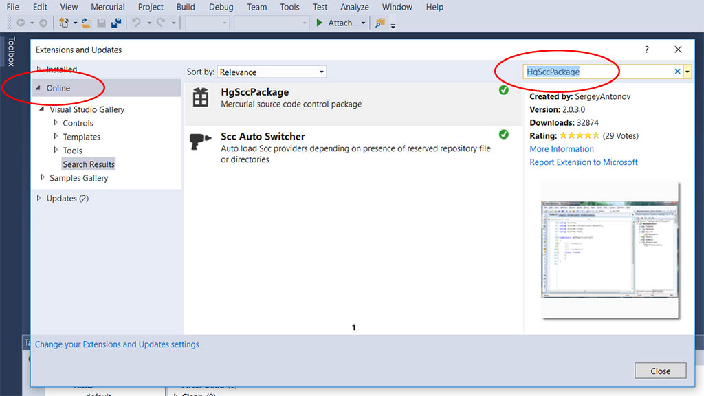 Using Mercurial HG in Visual Studio 2015 with VisualHG or