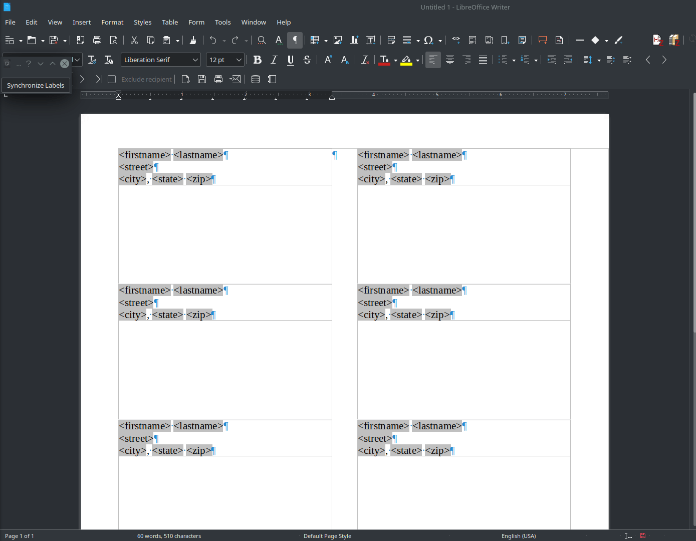 LibreOffice address label merge (from spreadsheet) Ryan and Debi & Toren