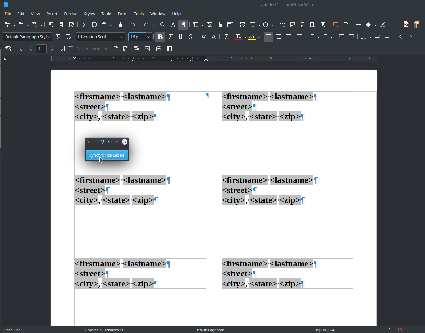 LibreOffice address label merge (from spreadsheet) Ryan and Debi & Toren