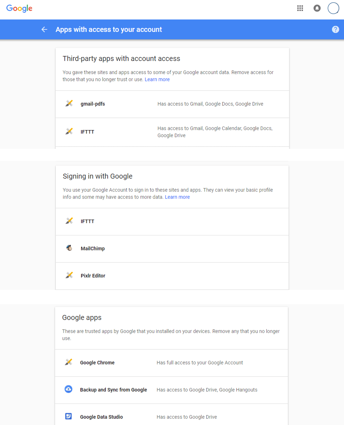 Which third party apps have access to your Ryerson Google account? G