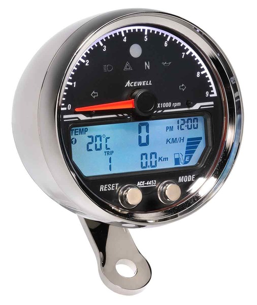 Acewell Digital Speedometer with Analogue Tacho to 9000rpm Chrome