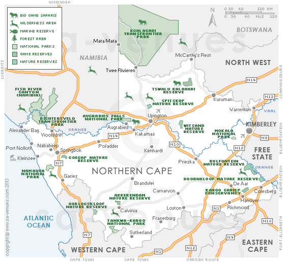 Road Map Of Northern Cape Province Northern Cape Game Reserves, South Africa