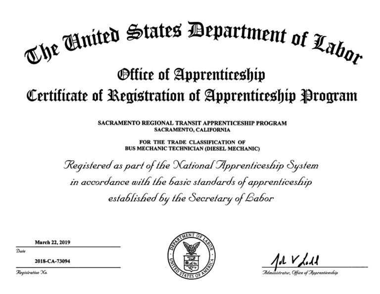 SacRT Certified by the US Department of Labor for Apprenticeship