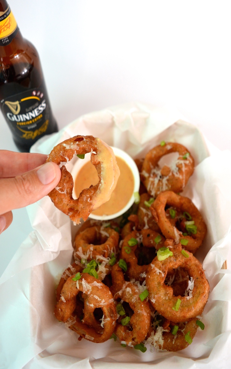 Guinness Battered Onion Rings With A Honey Mustard Dipping Sauce