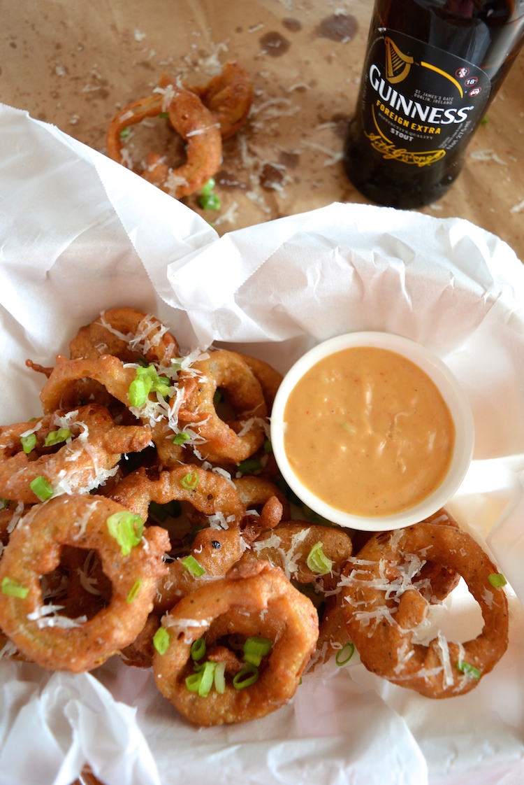 Guinness Battered Onion Rings With A Honey Mustard Dipping Sauce
