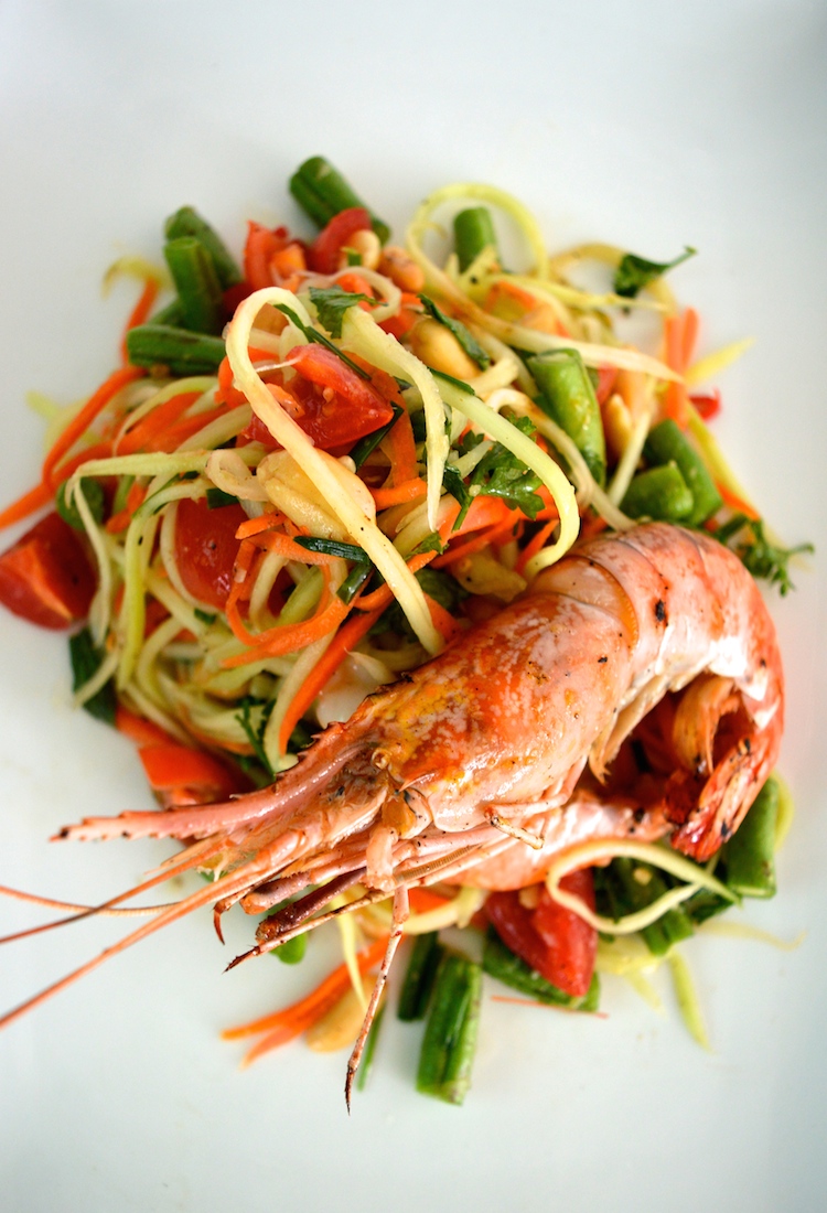 Thai Papaya Salad With Grilled Fresh Water Shrimp
