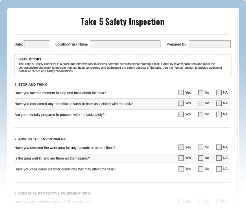 Take 5 Safety Inspection Checklist Download Free PDF