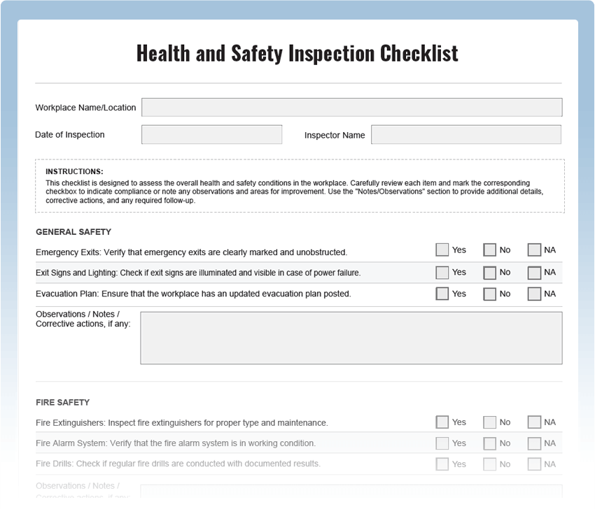 Health and Safety Inspection Checklist Download Free PDF