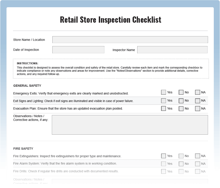 Retail Store Inspection Checklist Download Free PDF