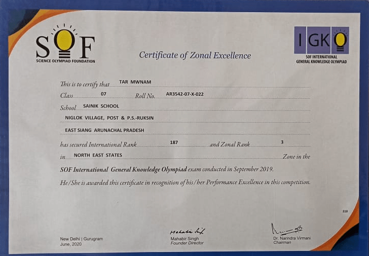 Science Olympiad Foundation Award Sainik School East Siang