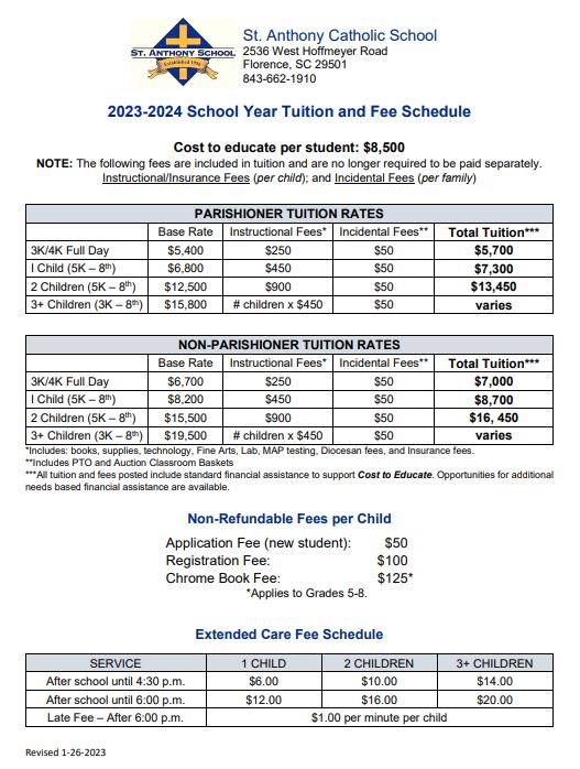 Tuition Schedule St. Anthony Catholic School