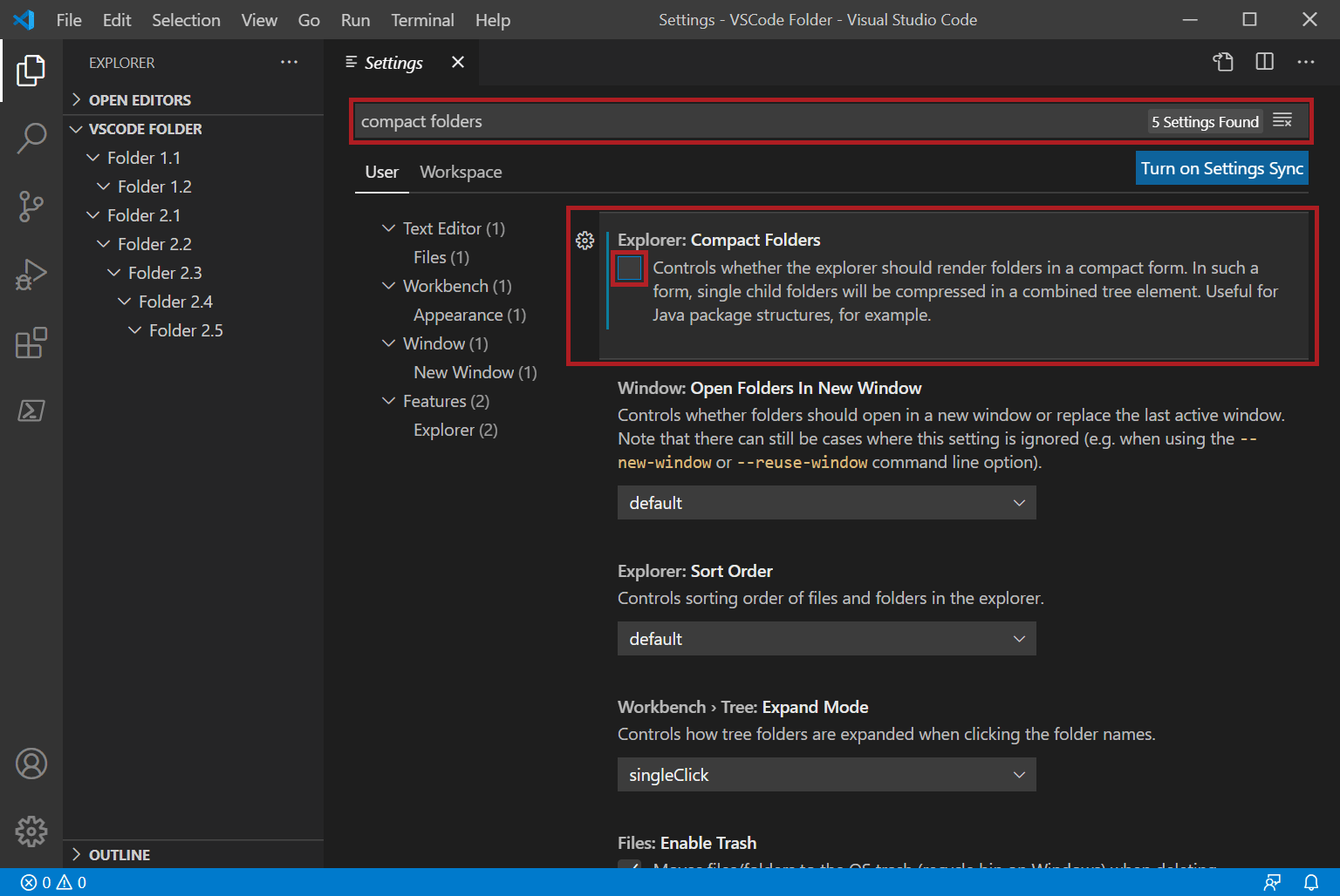 How to disable collapsing to one line for single folders in Visual