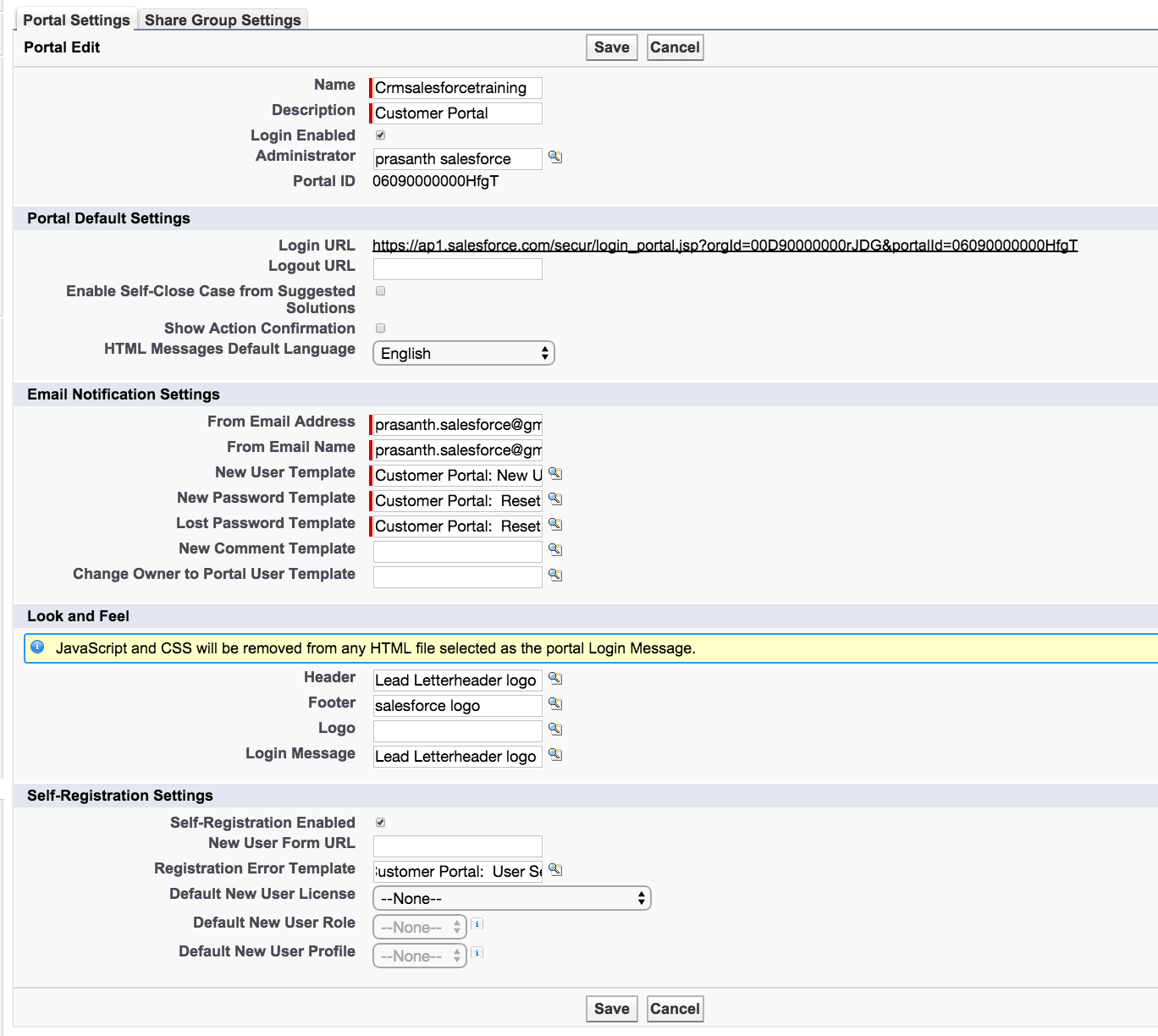 Enabling salesforce customer portal login and Settings