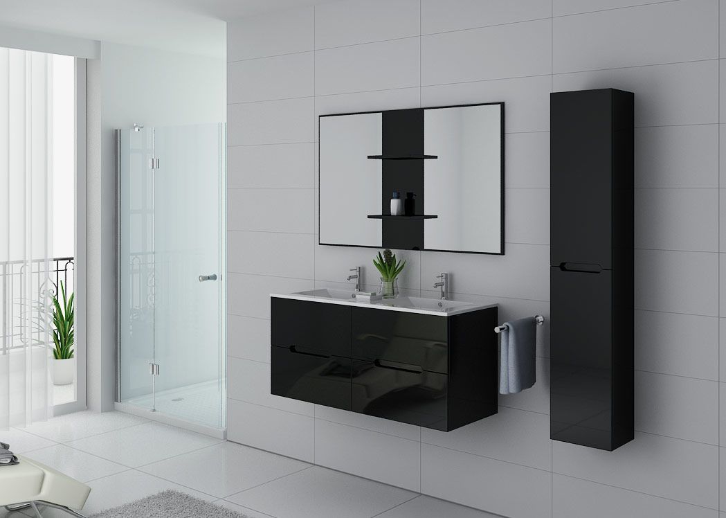 Meuble de salle de bain double vasque noir laqué, ensemble