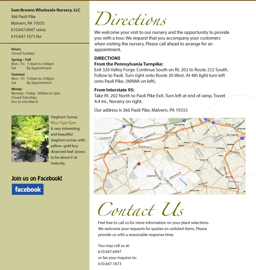 Sam Browns Wholesale Nursery Directions Contact Us
