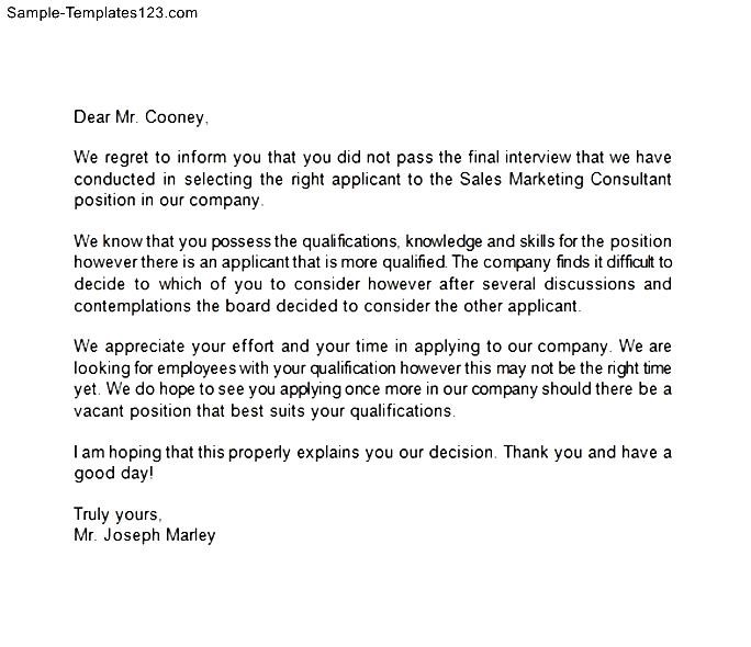 Employment Candidate Rejection Letter Sample Templates