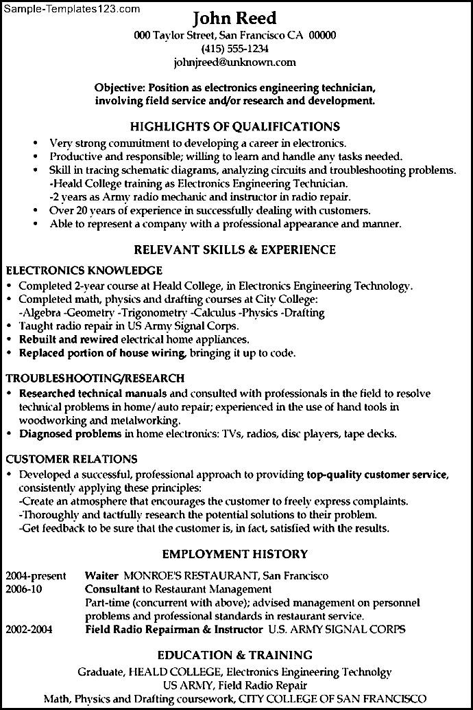 Functional Resume Sample Electronics Engineering Technician Sample
