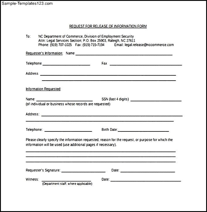 Request For Release Of Information Form Sample Templates Sample