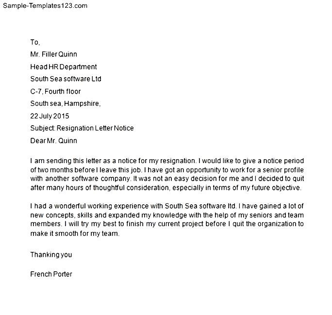 Resignation Notice Letter Sample Sample Templates