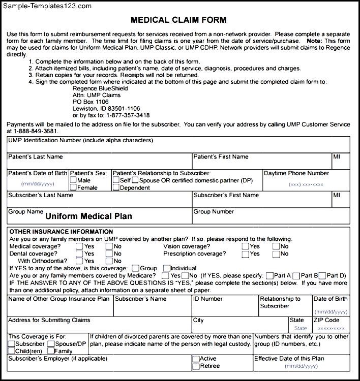 Sample Medical Claim Form Sample Templates Sample Templates