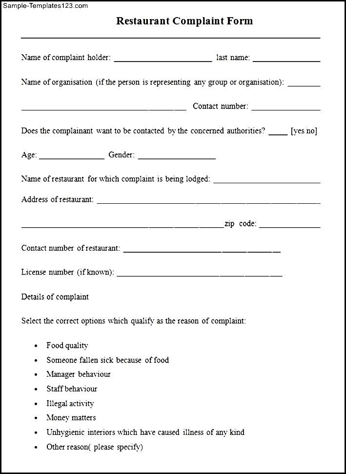 Sample Restaurant Complaint Form Sample Templates Sample Templates