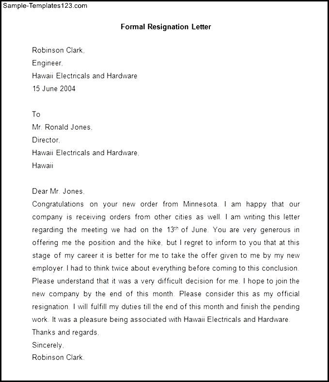 Sample of Formal Resignation Letter Sample Templates