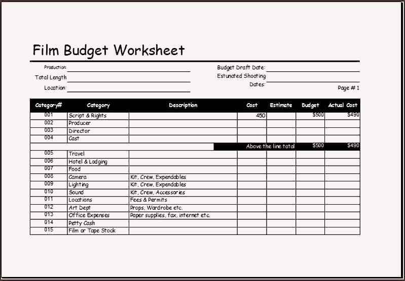 Film Budget Worksheet Sample Templates Sample Templates