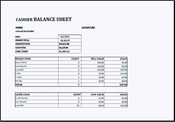 MS Excel Cashier Balance Sheet Template Sample Templates Sample