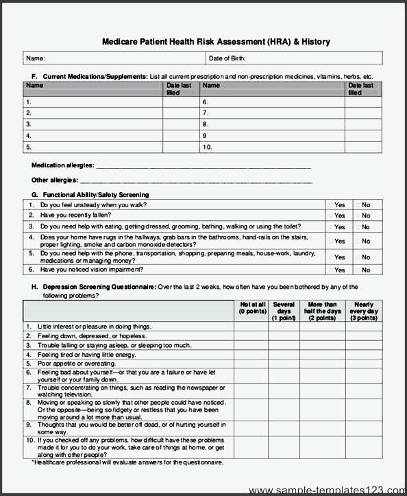 Health Risk Assessment Questionnaire Template Sample Templates