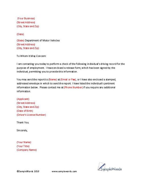 Sample Letter Of Authorization To Drive Vehicle