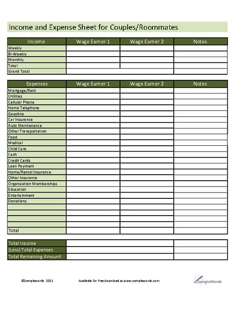 Expense Sheet for Couples/Roommates