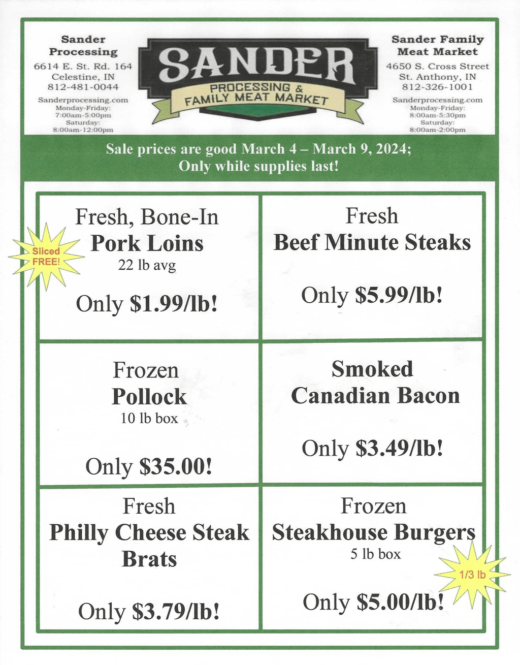 Weekly Specials SANDER PROCESSING & FAMILY MEAT MARKET