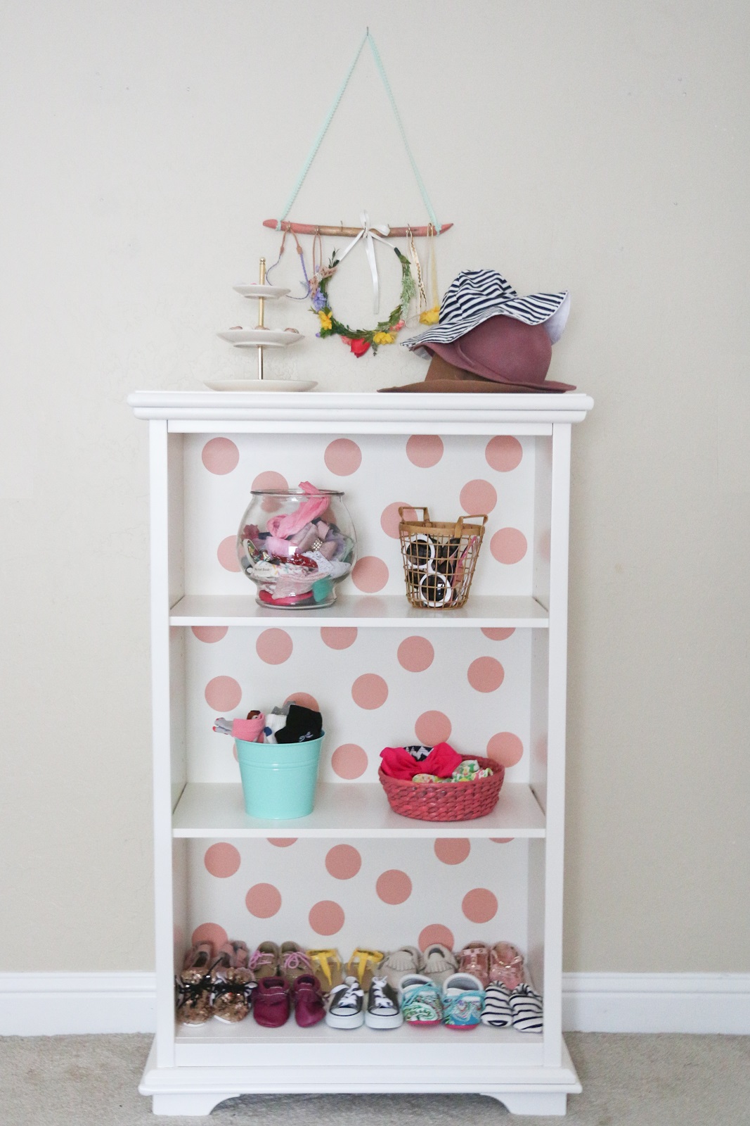 DownEast Home Bookcase turned into DIY Baby Girl's Accessory Holder