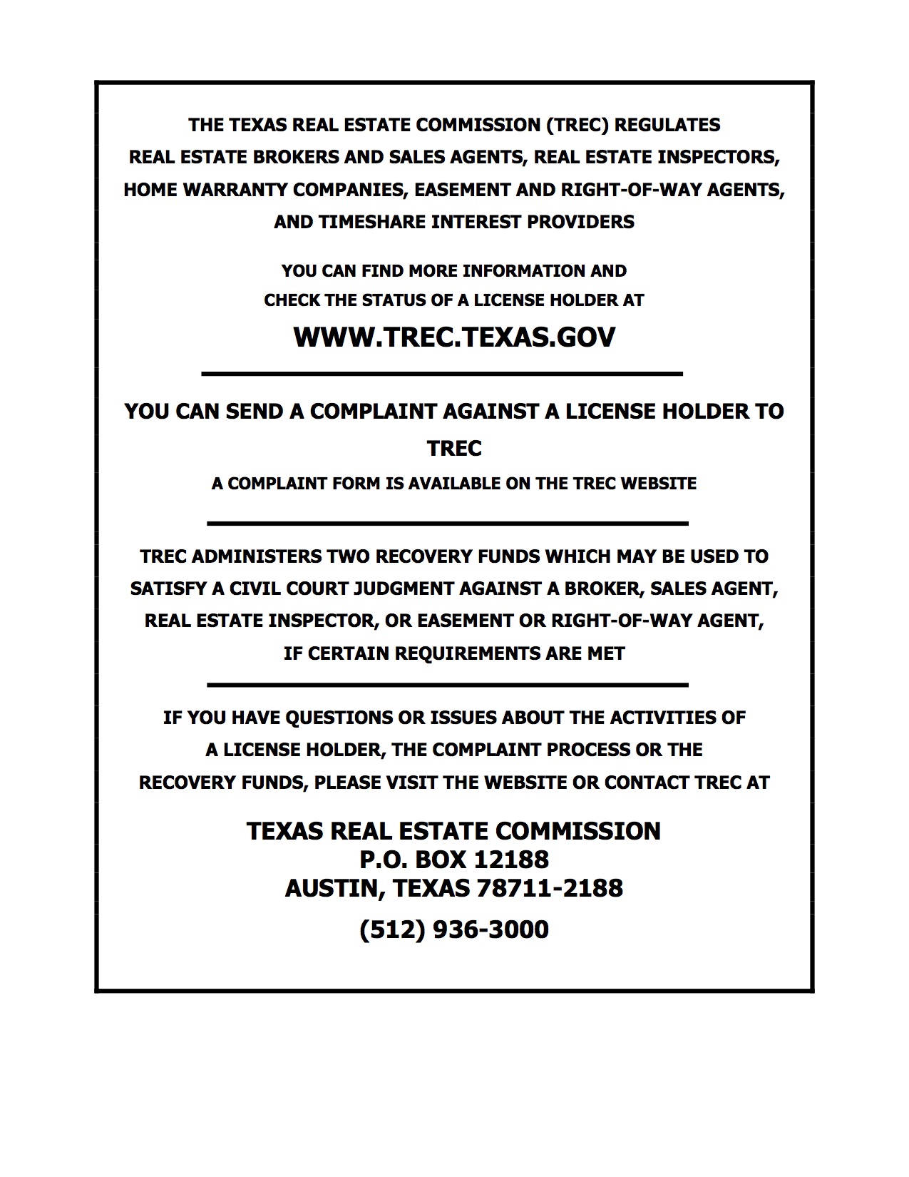 Texas Real Estate Commission Information About Brokerage Services and