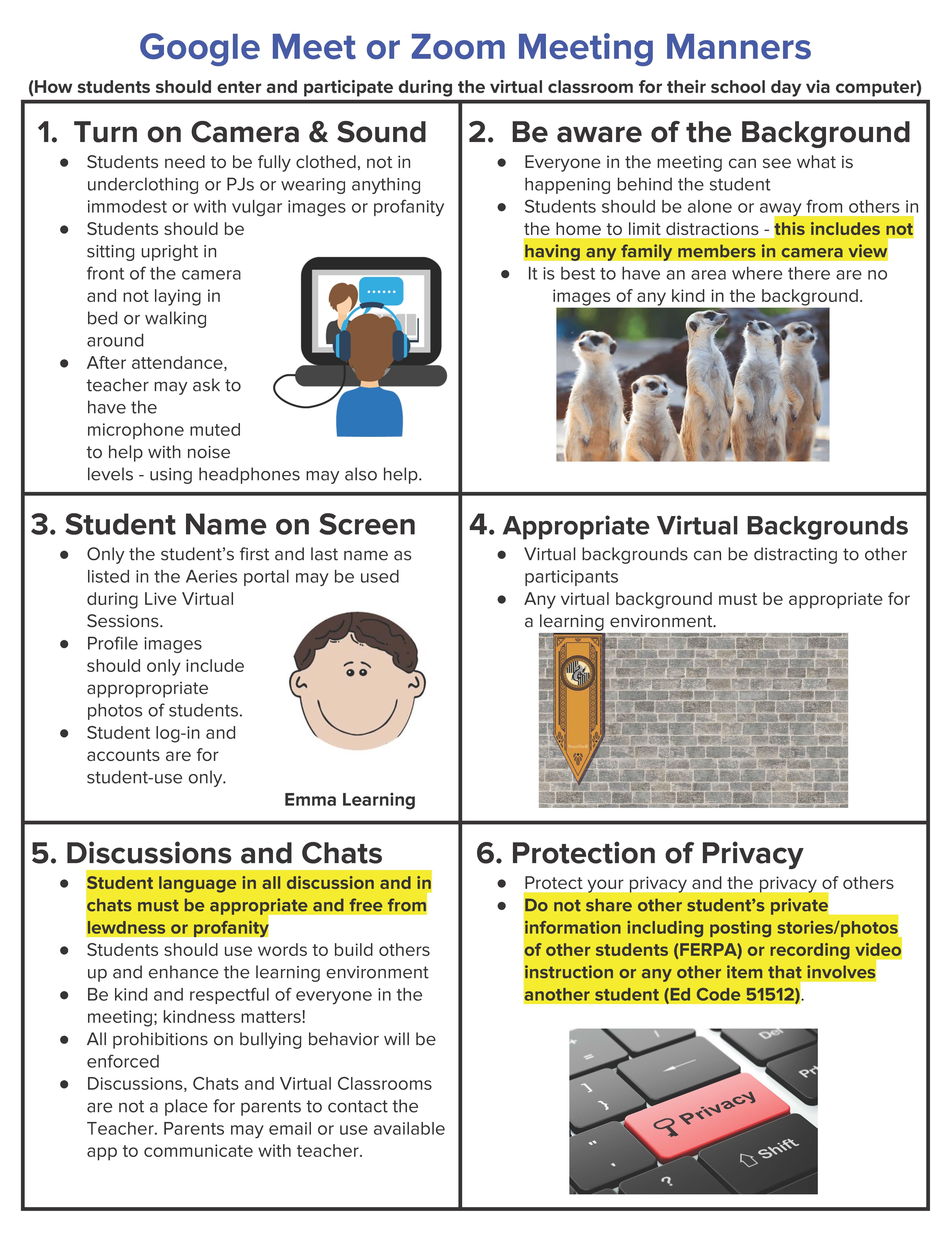 Parent/Guardian Guide Google or Zoom Meeting Rules Guía para padres/tutores Reglas de Google
