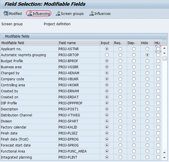 Define Field Selections for Work breakdown Structure