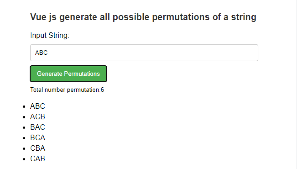 Vue Js generate all possible permutations of a string Javascript Example