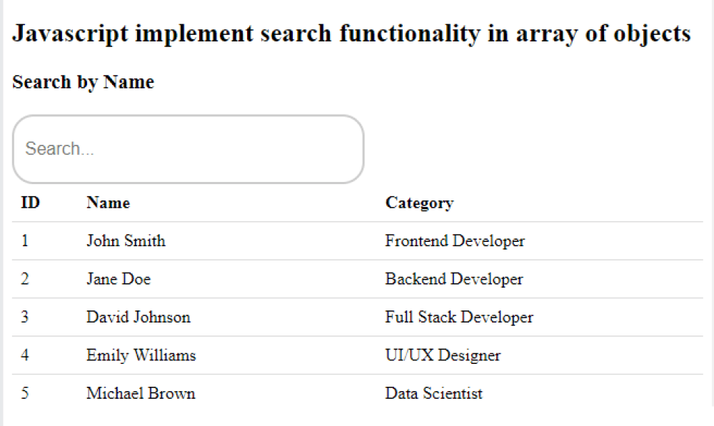 Javascript implement search functionality in array of objects How to
