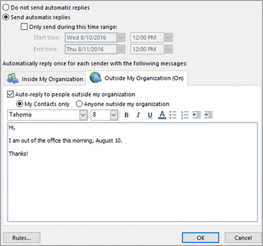 Automatic reply (Vacation Message) PennO365 Outlook for Windows Arts