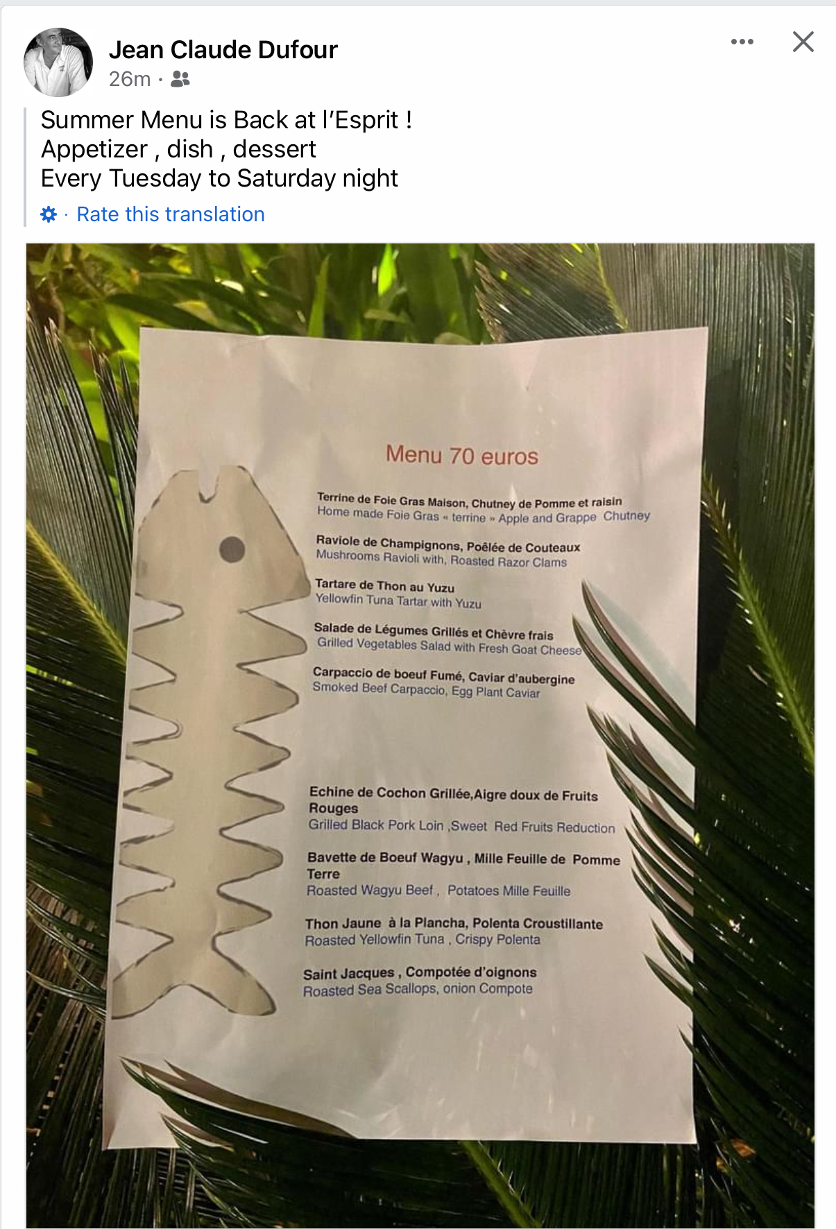 Summer menu L’Esprit 70€ St Barts Community Forums