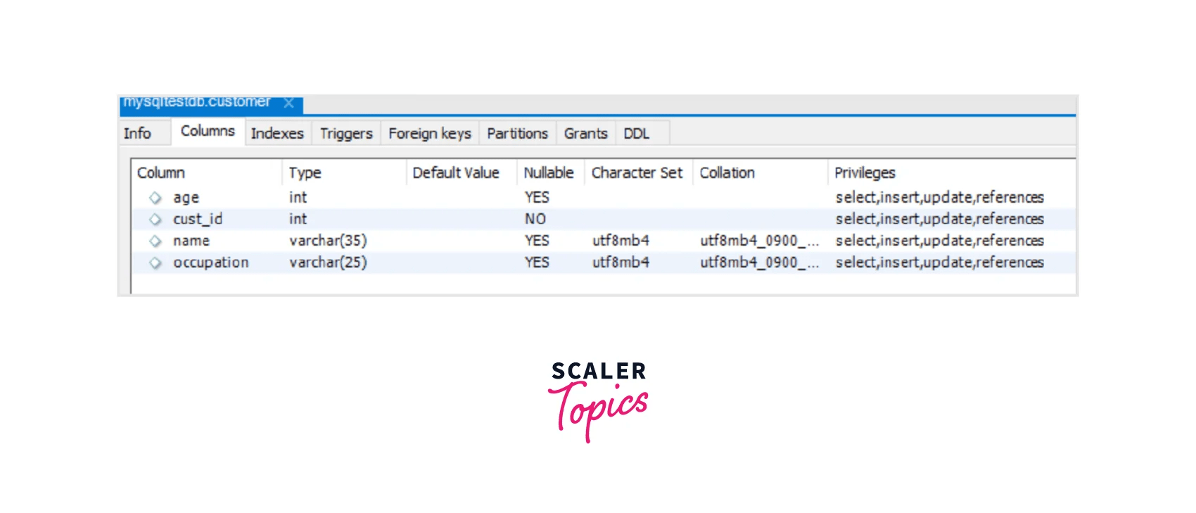 Describe table MySQL Scaler Topics